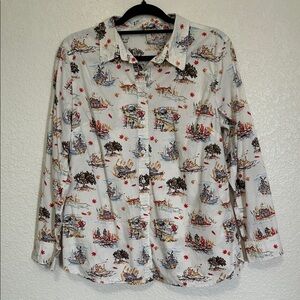 Talbots Cream Scenic Sketch Button-Up Shirt with Multicolor Accents